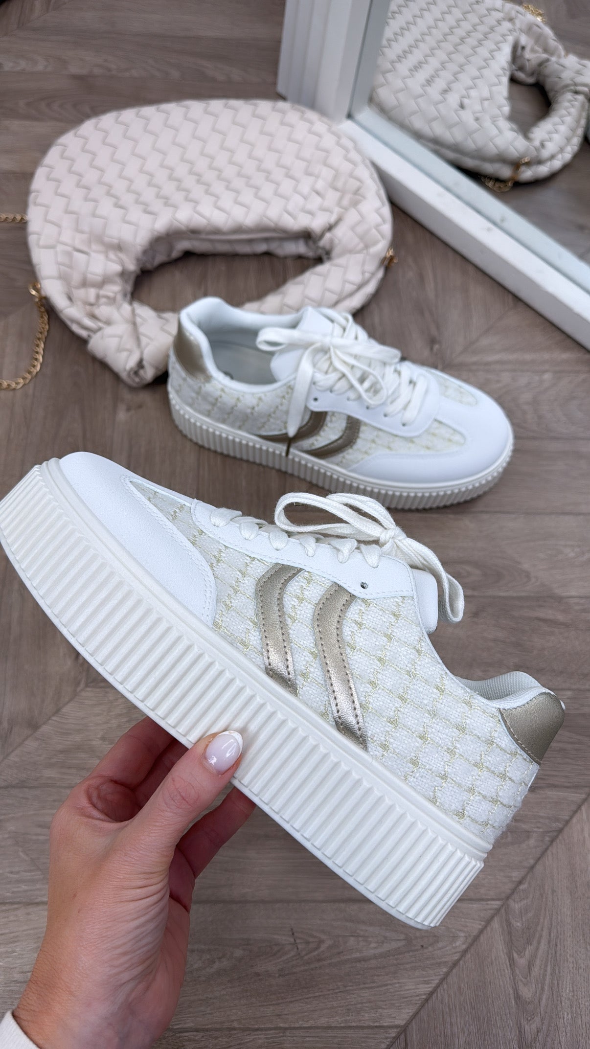 JOSIE white tweed platform trainers