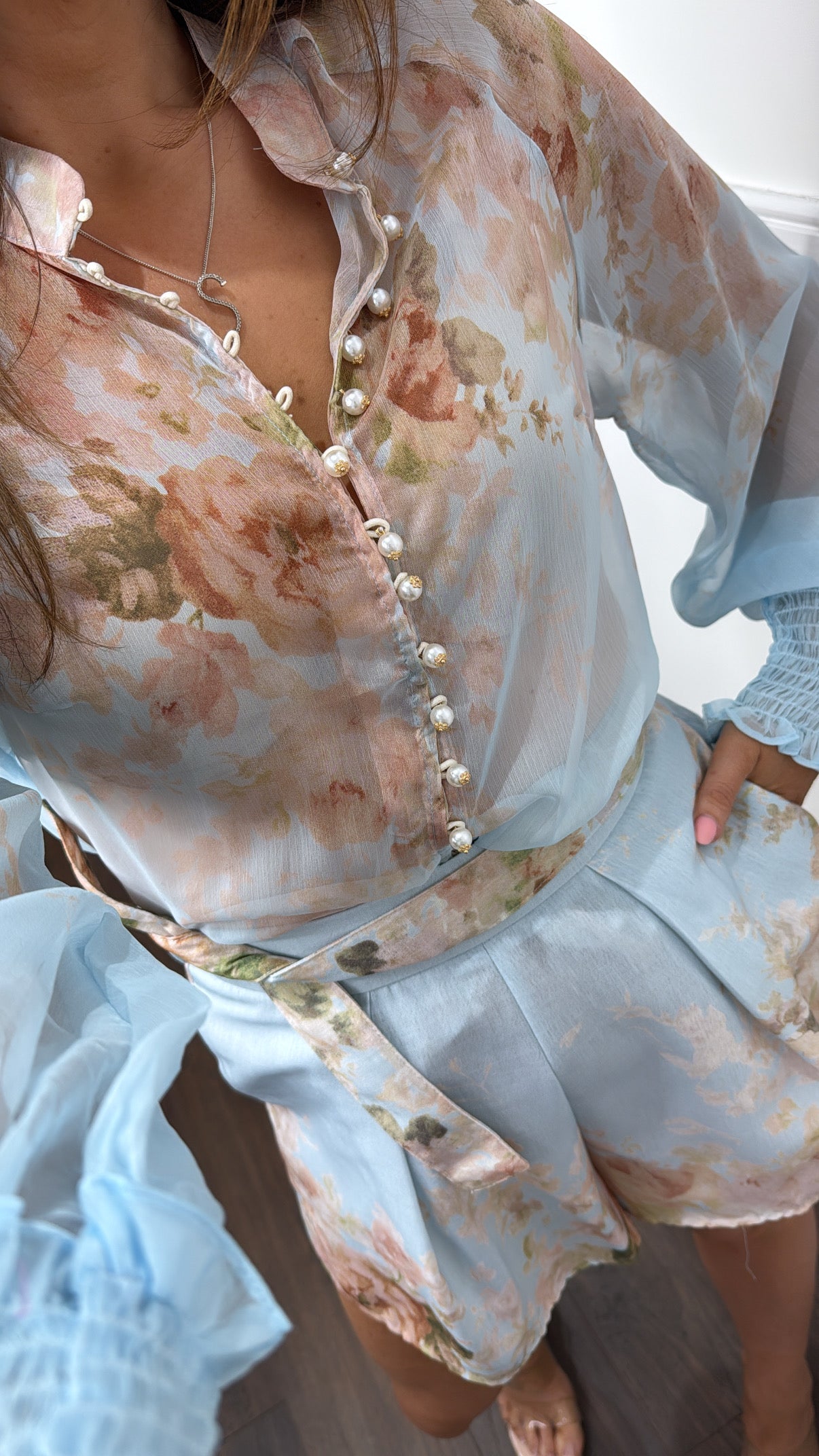 ESTELLE blue floral pearl button co-ord