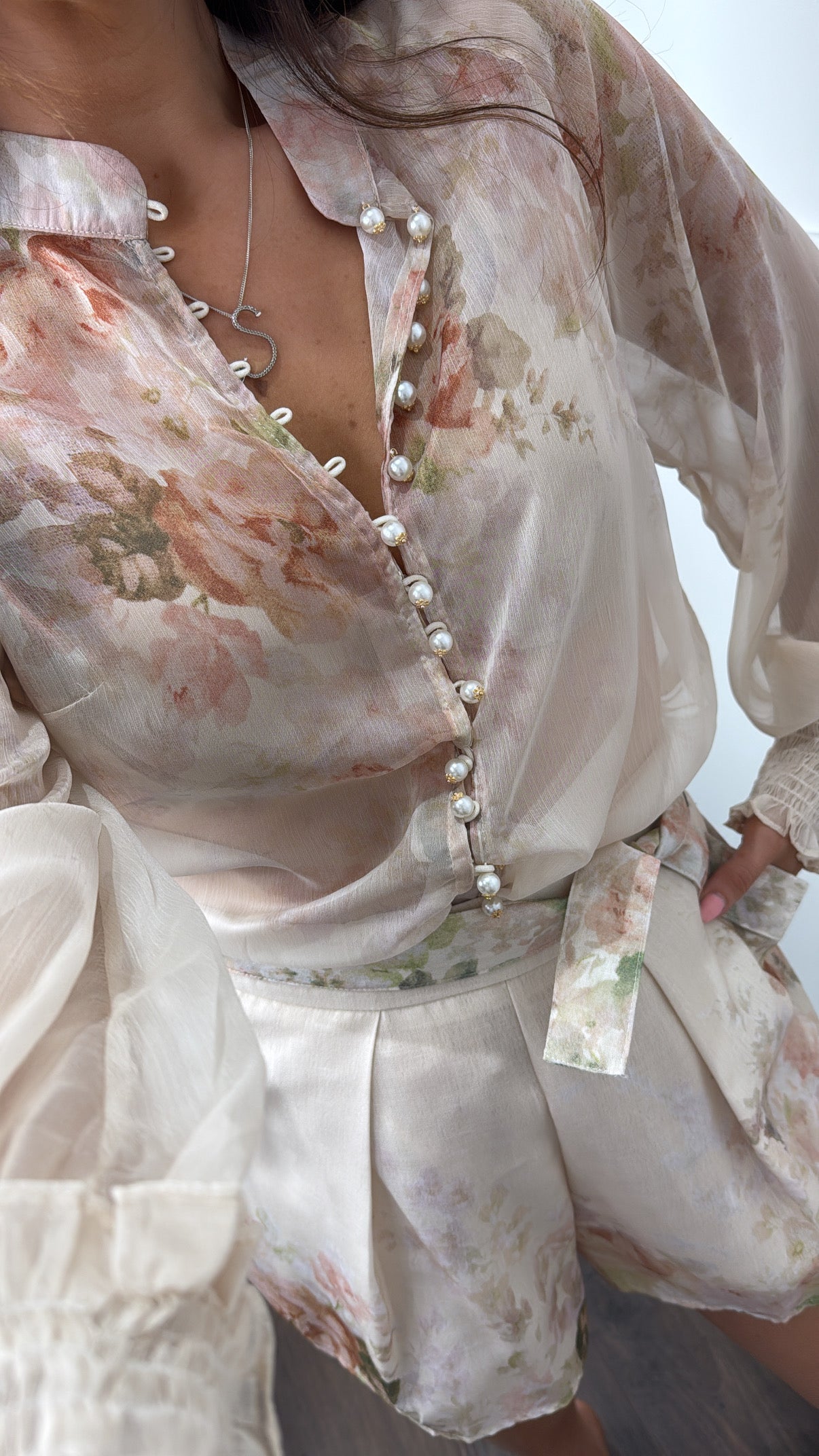 ESTELLE beige floral pearl button co-ord