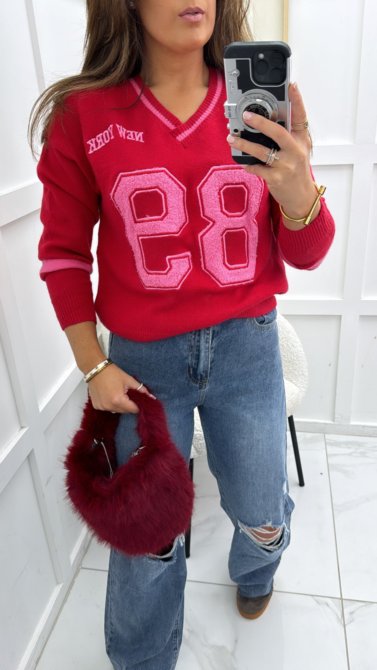 89 NEW YORK red jumper with teddy detail