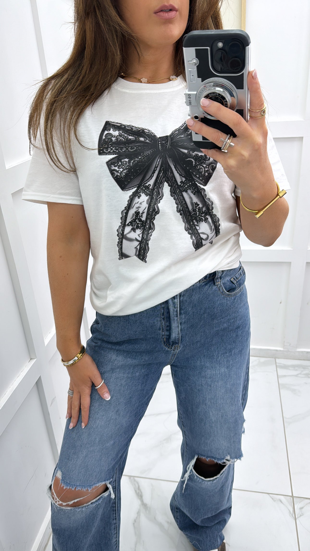 ESME white cotton t-shirt with black lace bow