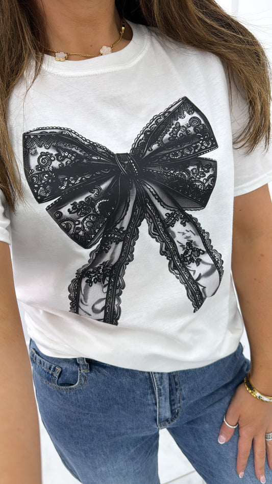 ESME white cotton t-shirt with black lace bow