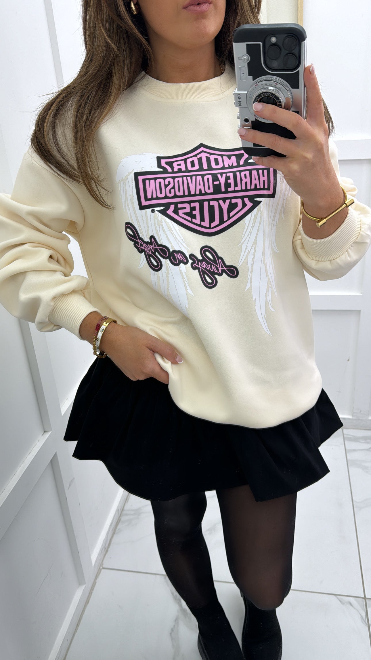 HARLEY DAVIDSON cream motorcycle slogan sweatshirt