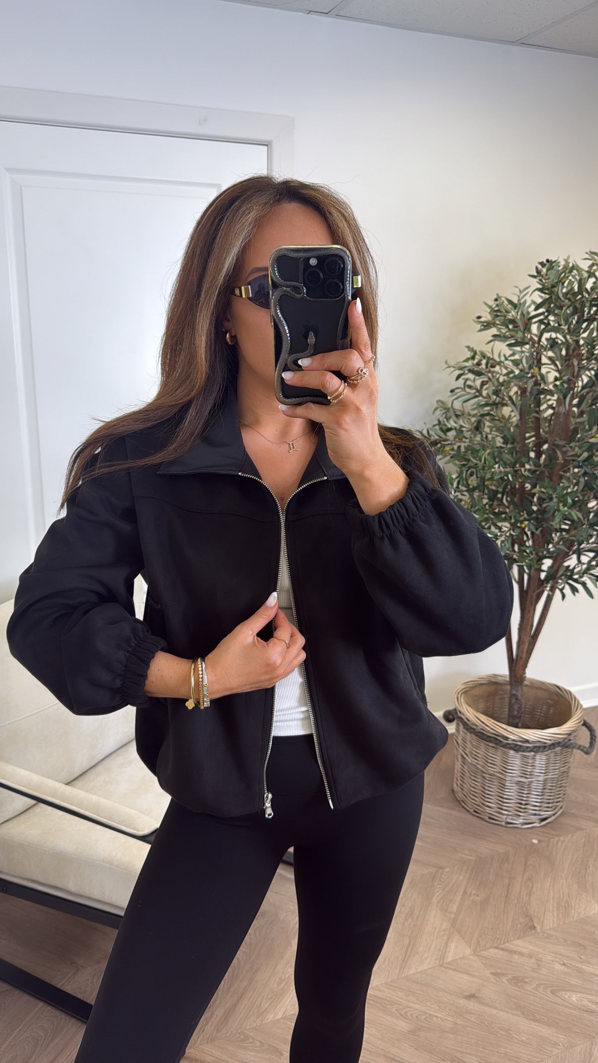 ANNIE black faux suede bomber jacket