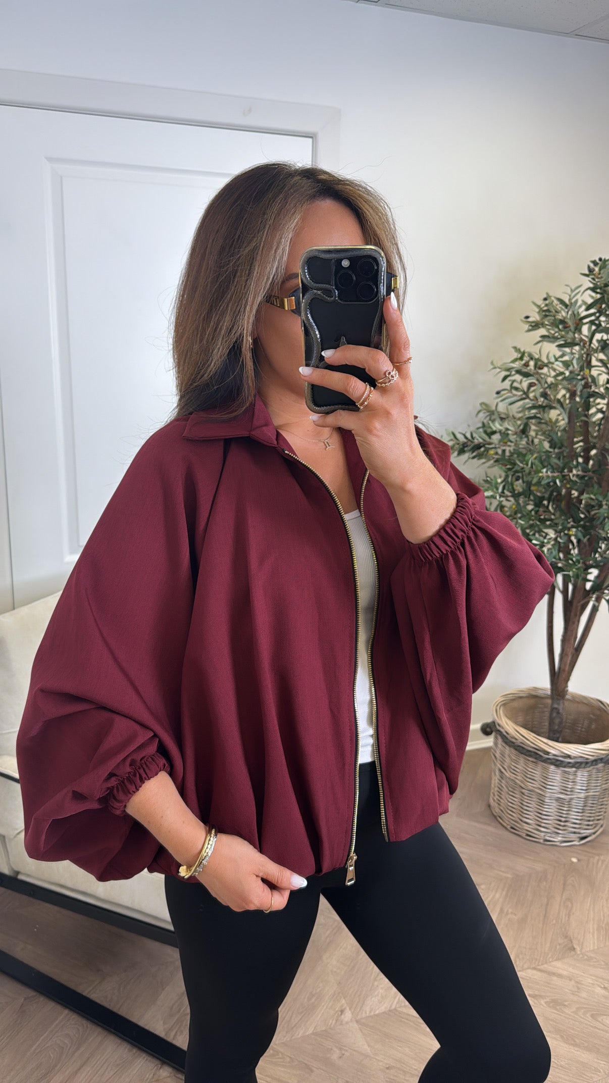 WILLA burgundy batwing zip up jacket
