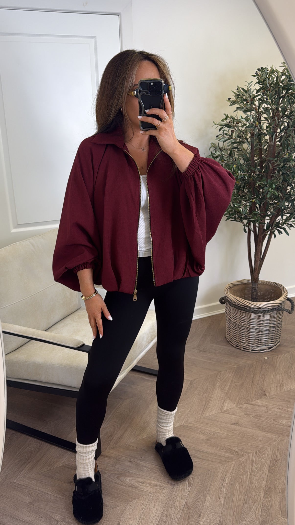 WILLA burgundy batwing zip up jacket