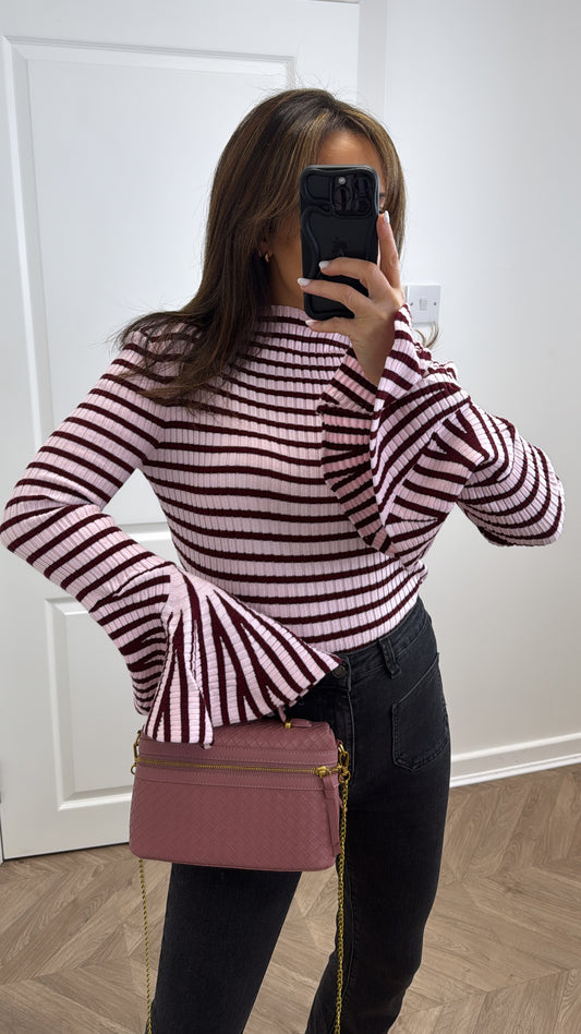 ANNA pink and burgundy stripe top with frill cuffs