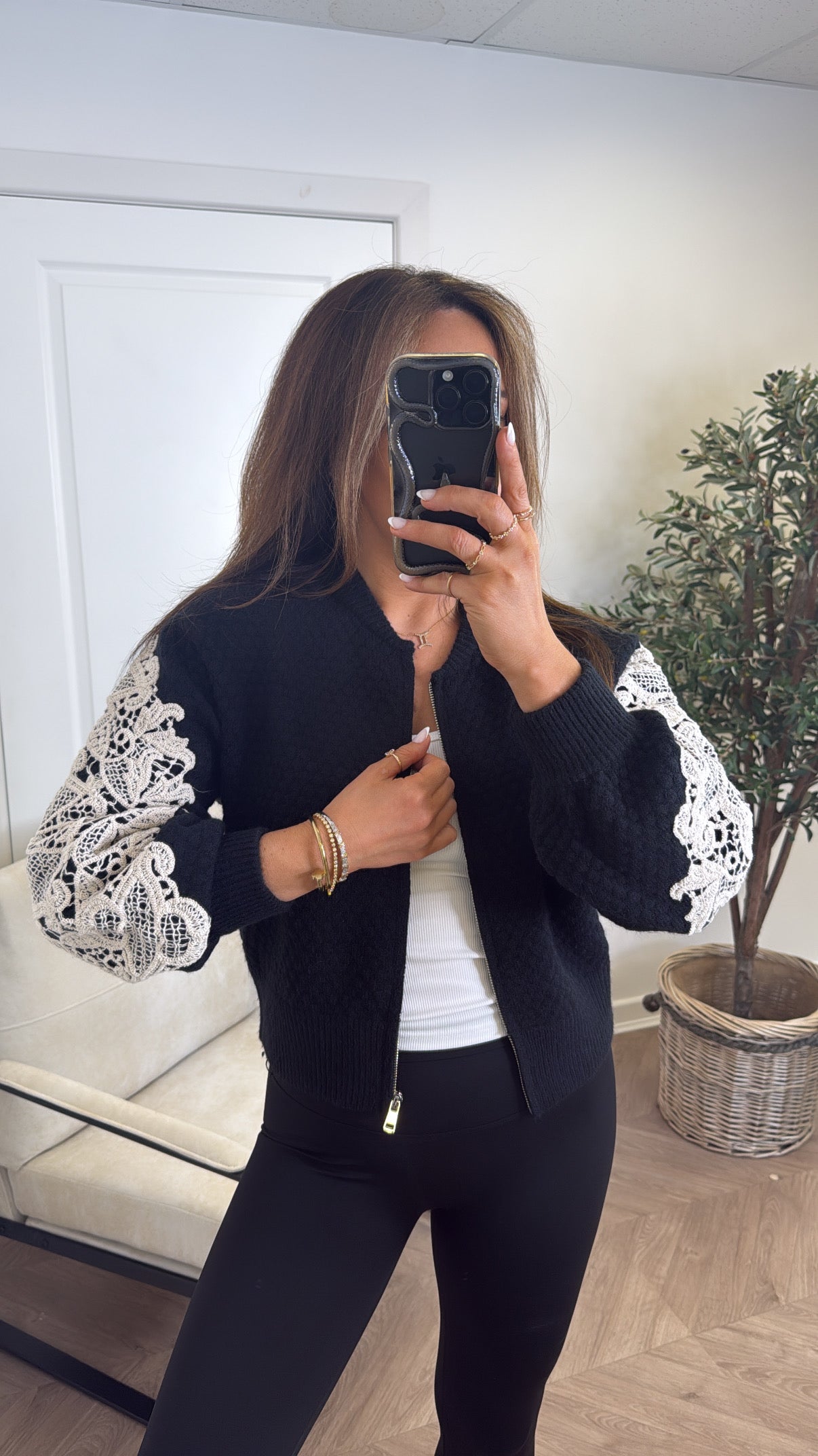 CLARISSA black knitted cardigan with crochet detail