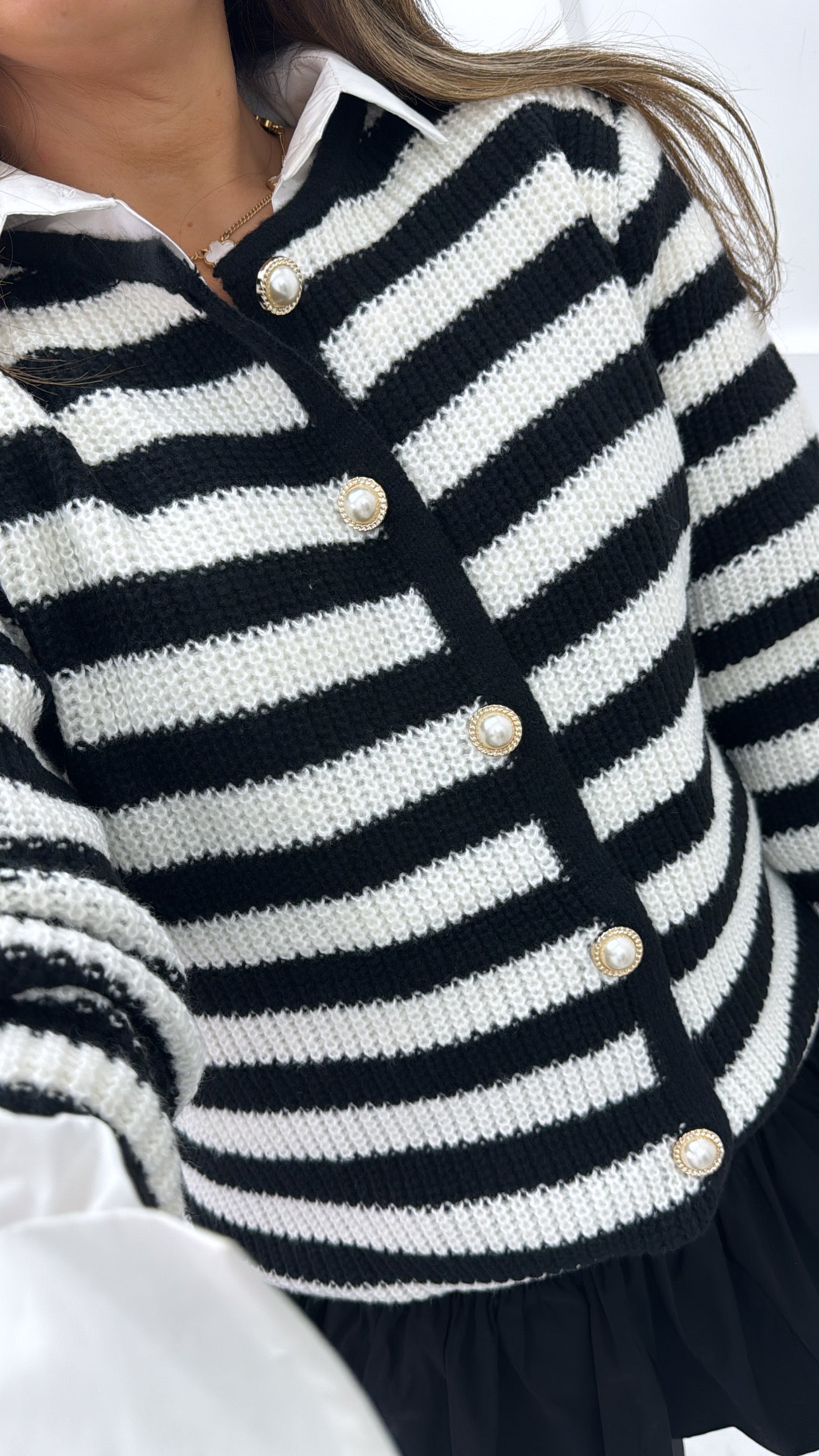 CARLY black and white stripe knit cardigan with pearl buttons