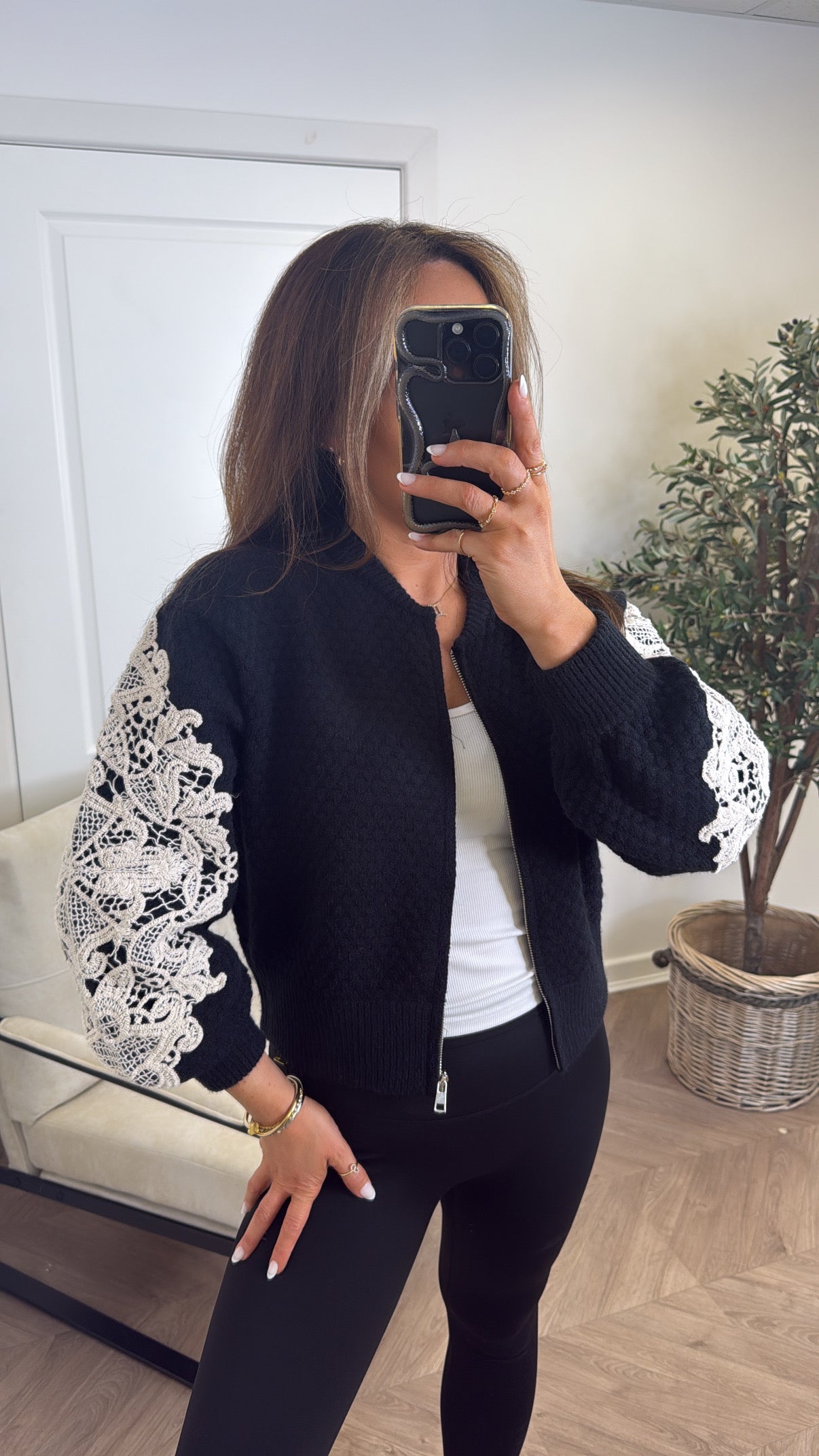 CLARISSA black knitted cardigan with crochet detail