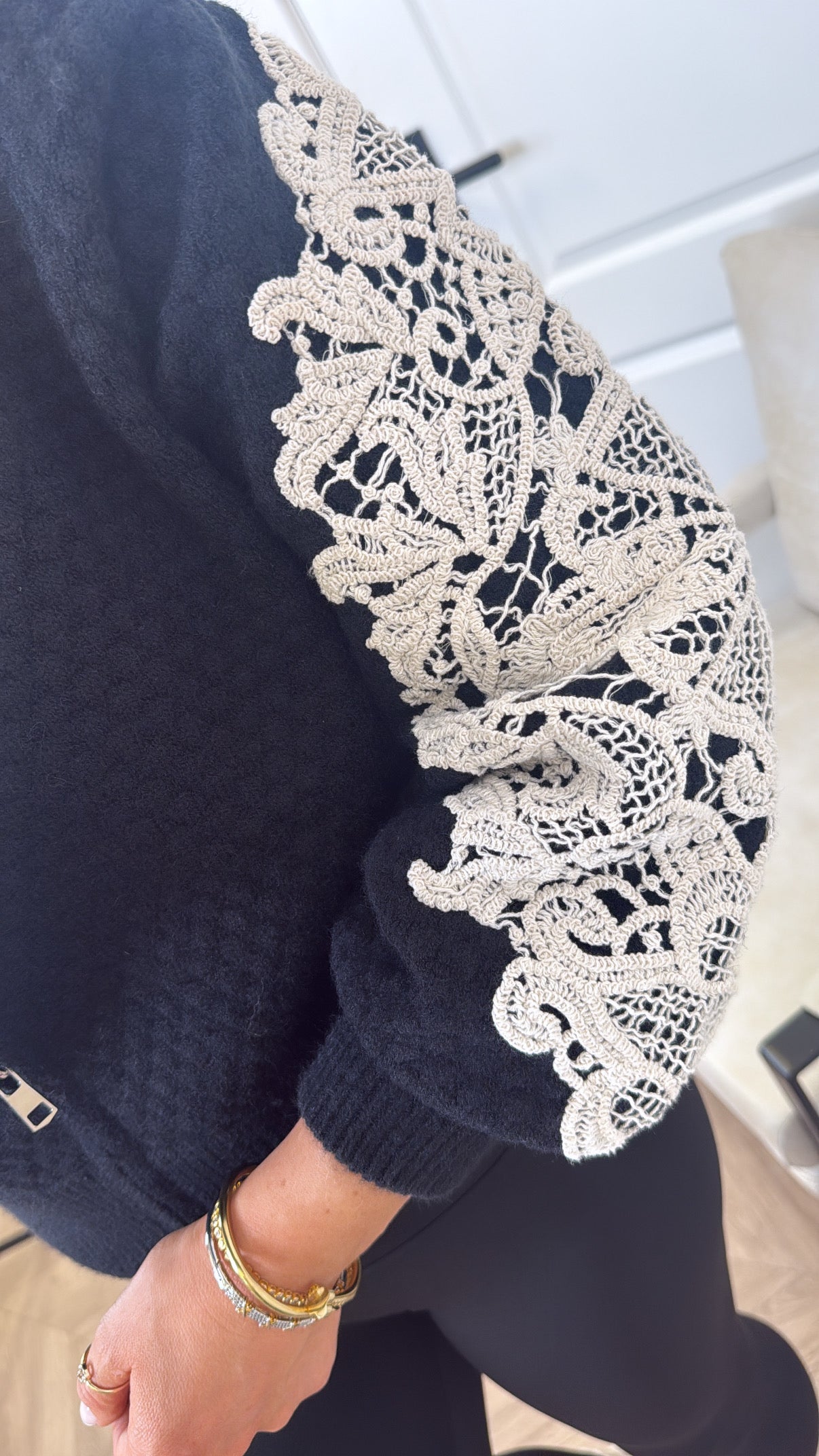CLARISSA black knitted cardigan with crochet detail
