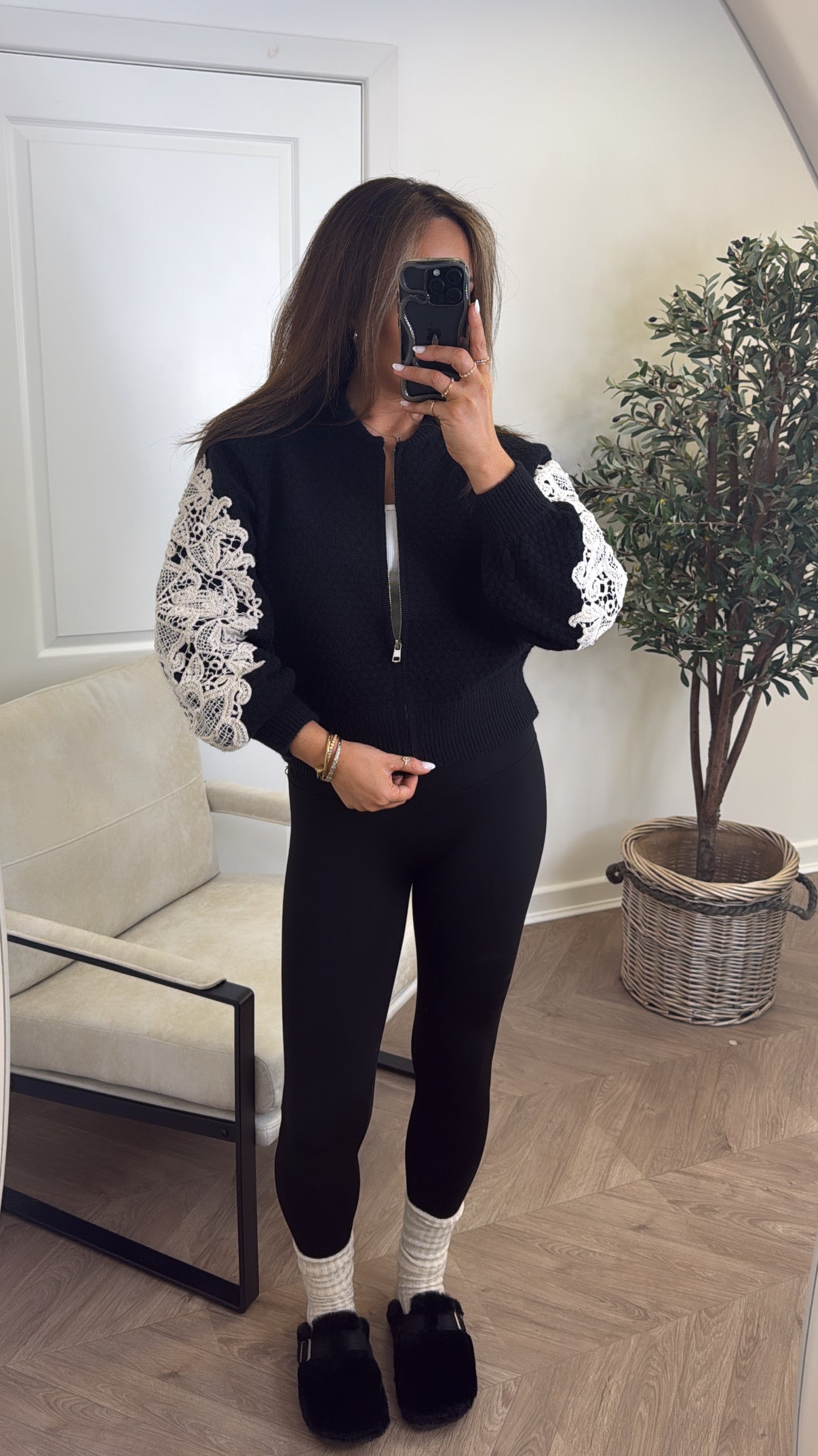 CLARISSA black knitted cardigan with crochet detail
