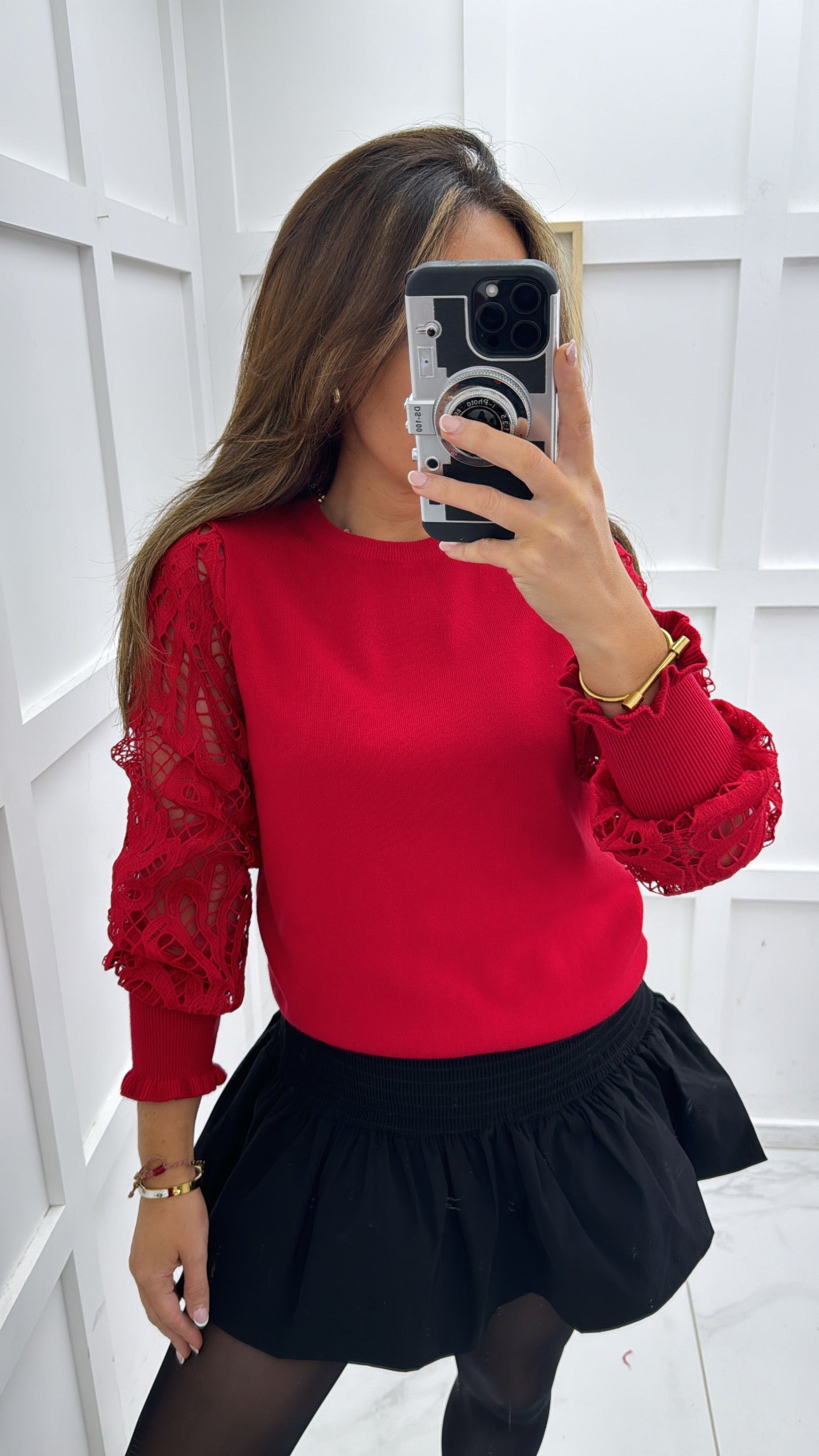 LARA red crochet sleeve fine knit jumper