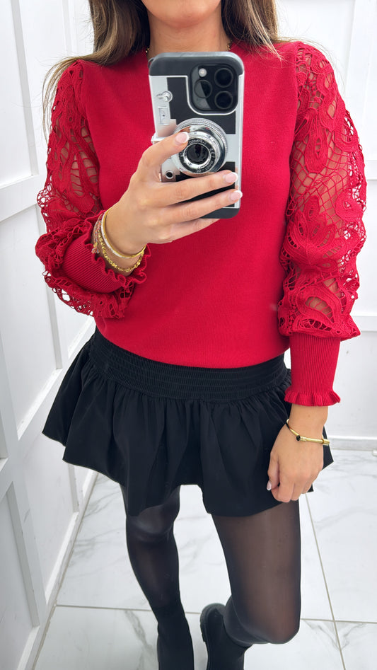 LARA red crochet sleeve fine knit jumper