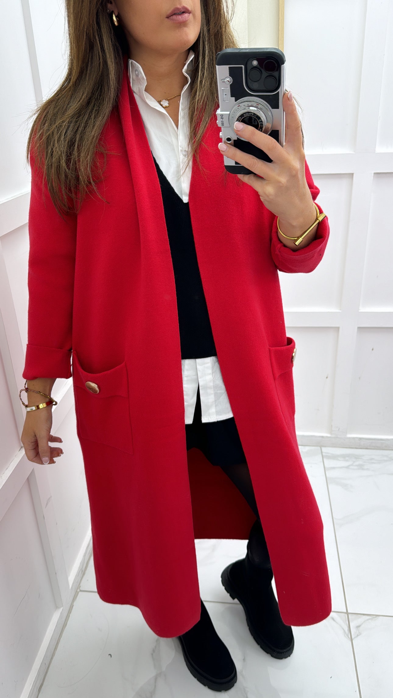 ALEXA red longline cardigan with gold button detail