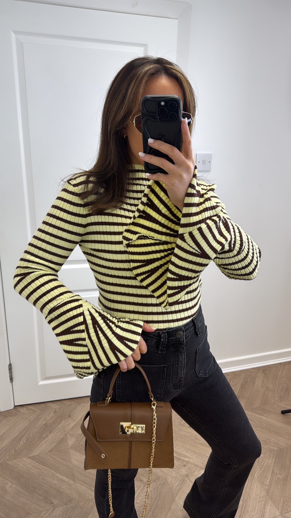 ANNA lemon and brown stripe top with frill cuffs