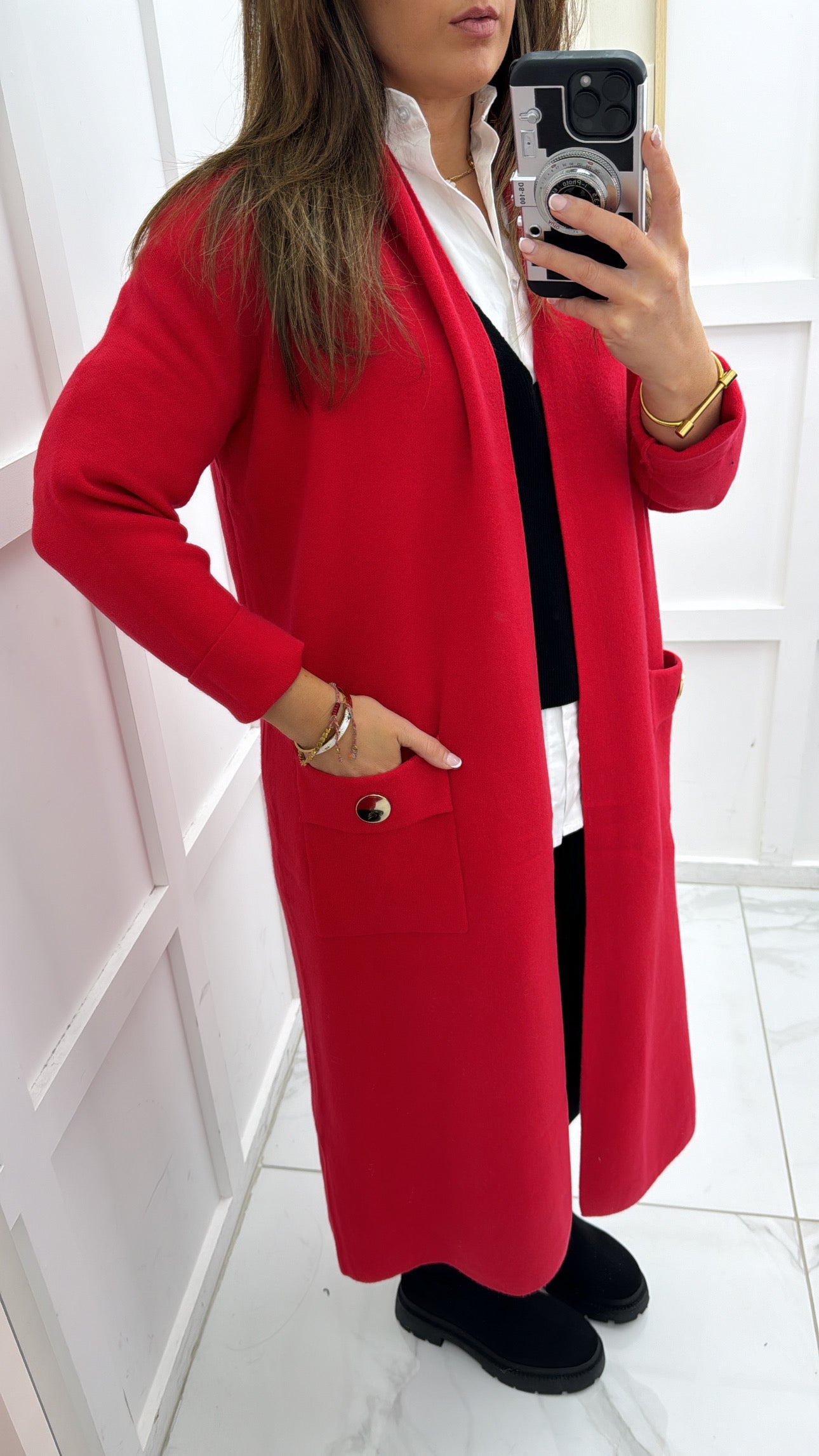 ALEXA red longline cardigan with gold button detail