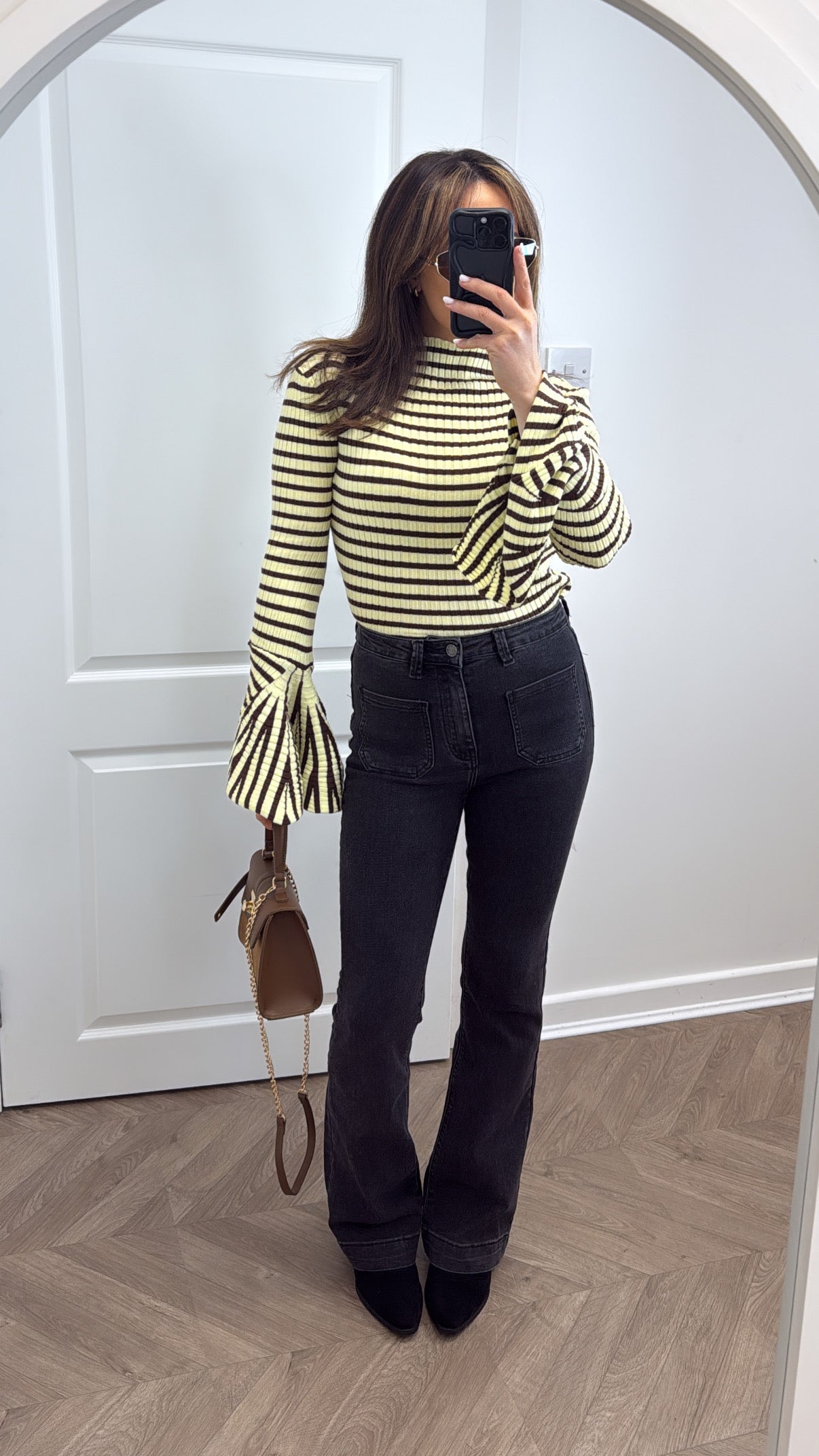 ANNA lemon and brown stripe top with frill cuffs