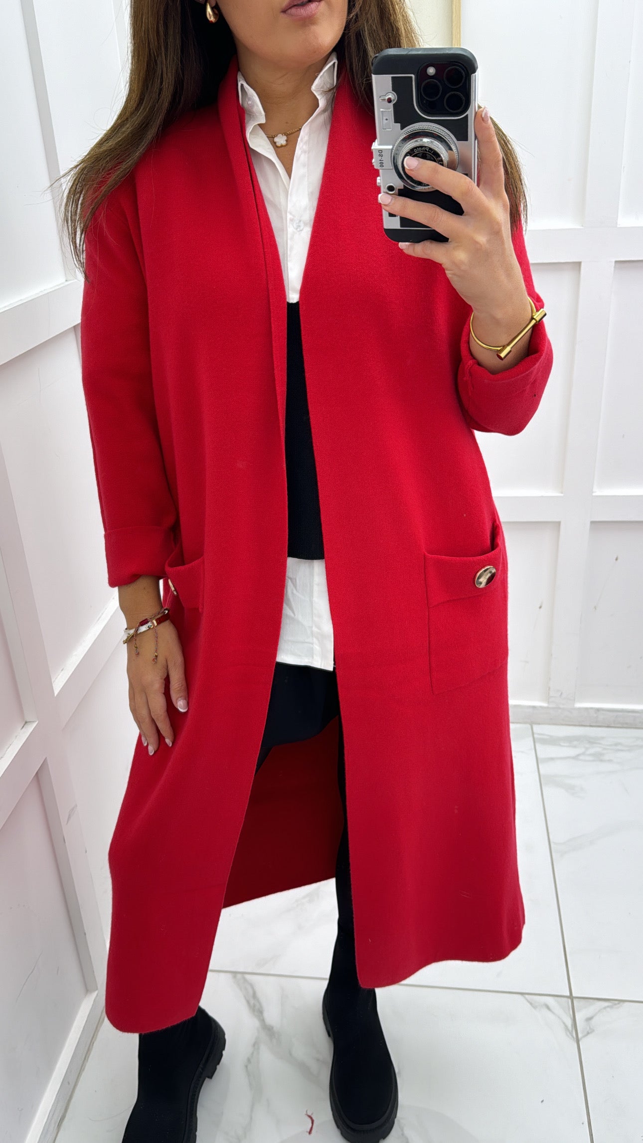 ALEXA red longline cardigan with gold button detail