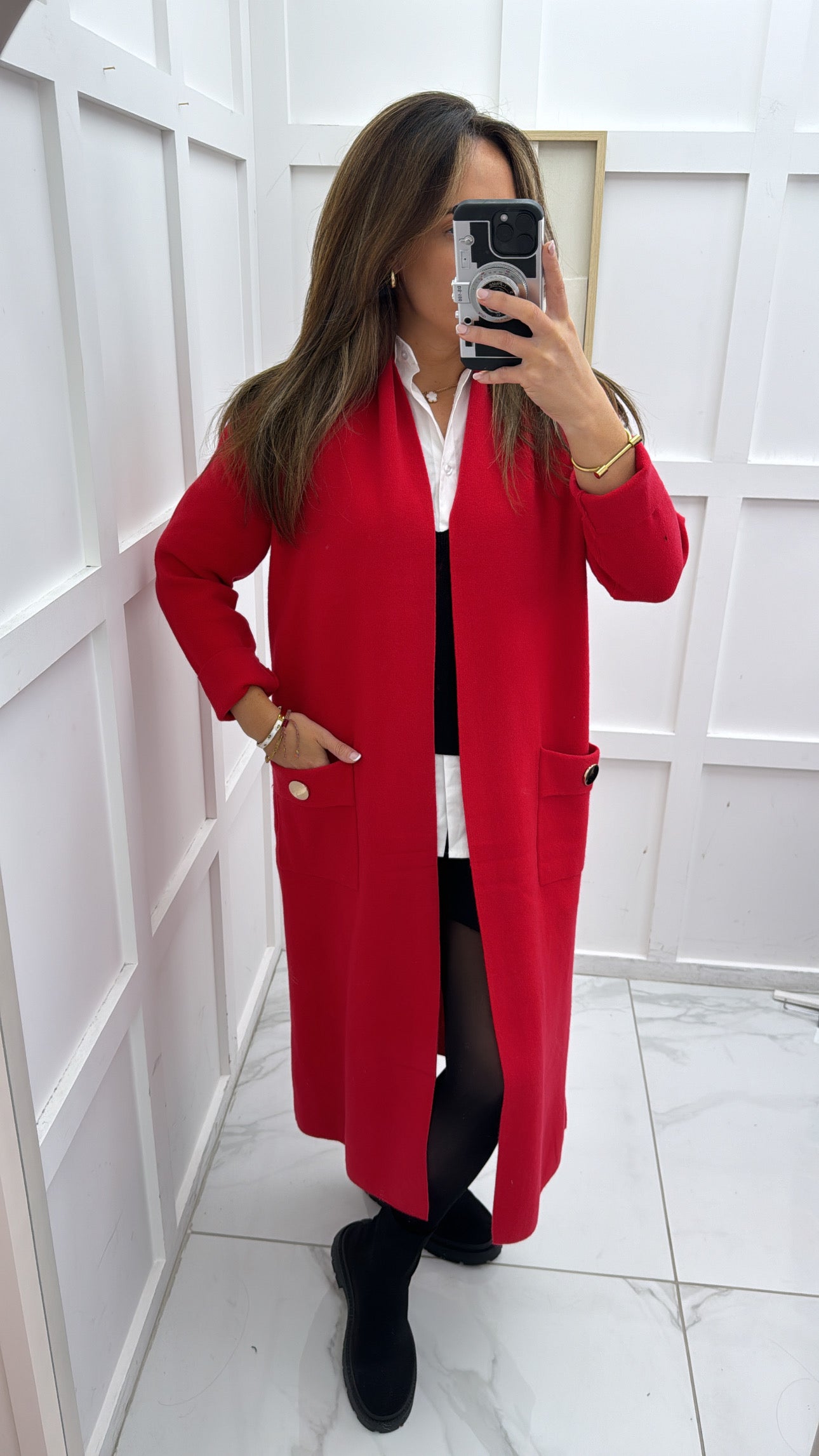 ALEXA red longline cardigan with gold button detail