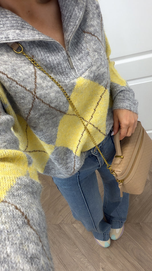 DEENA grey and lemon argyle half zip jumper
