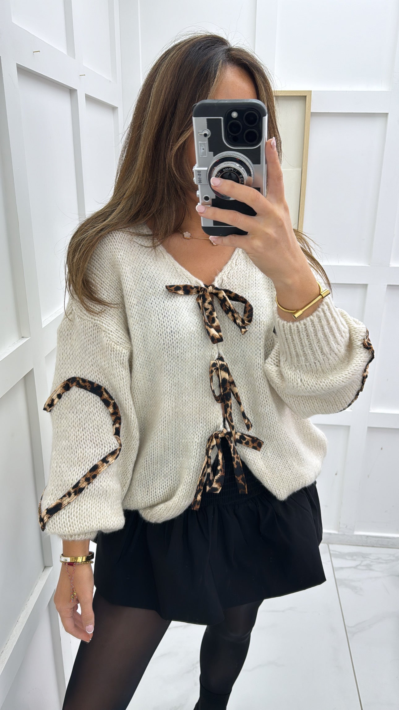 LAURIE beige leopard print tie detail cardigan