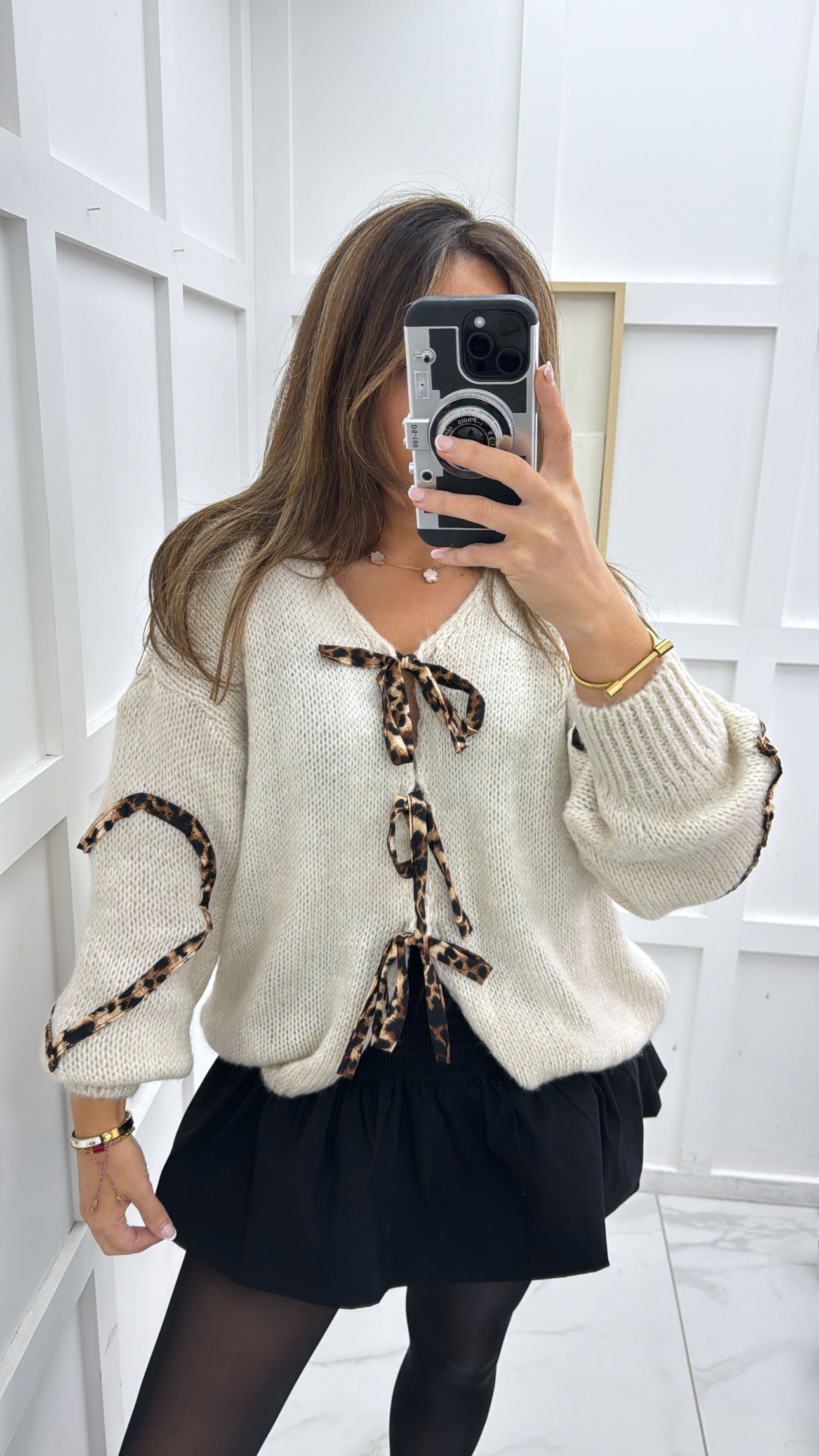 LAURIE beige leopard print tie detail cardigan