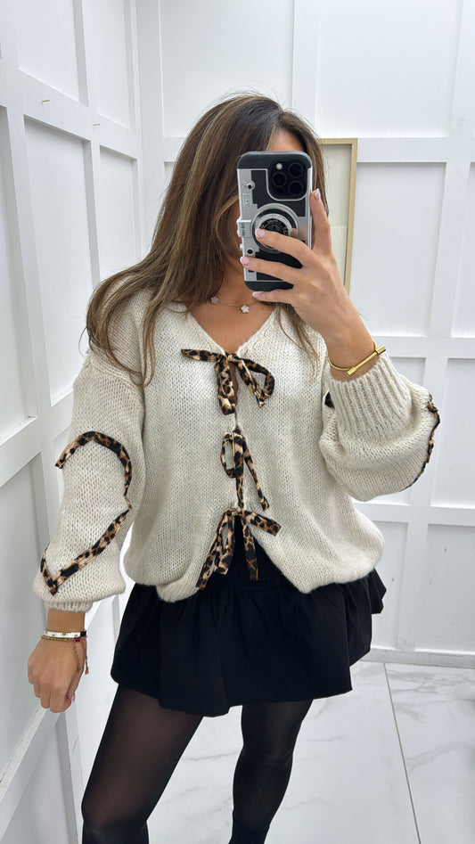 LAURIE beige leopard print tie detail cardigan