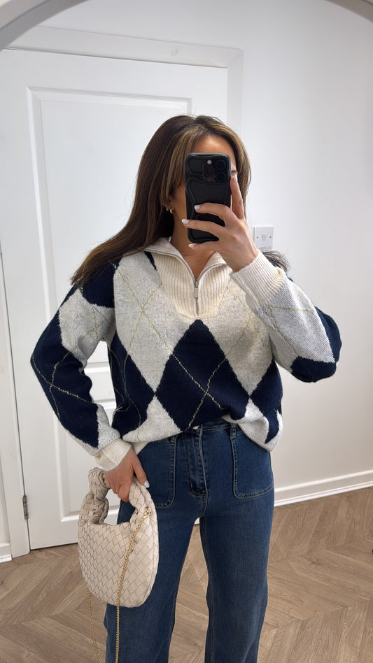 DEENA cream and navy argyle half zip jumper