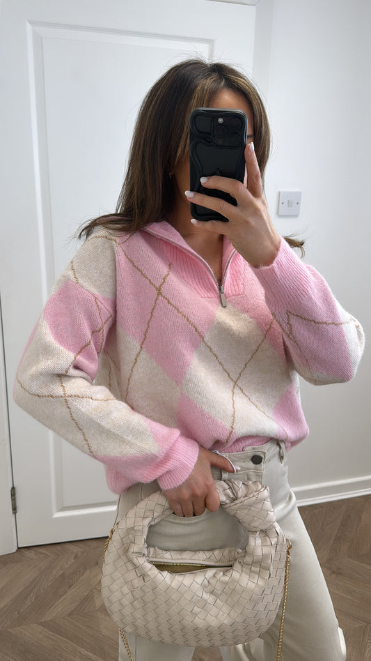 DEENA pink and cream argyle half zip jumper