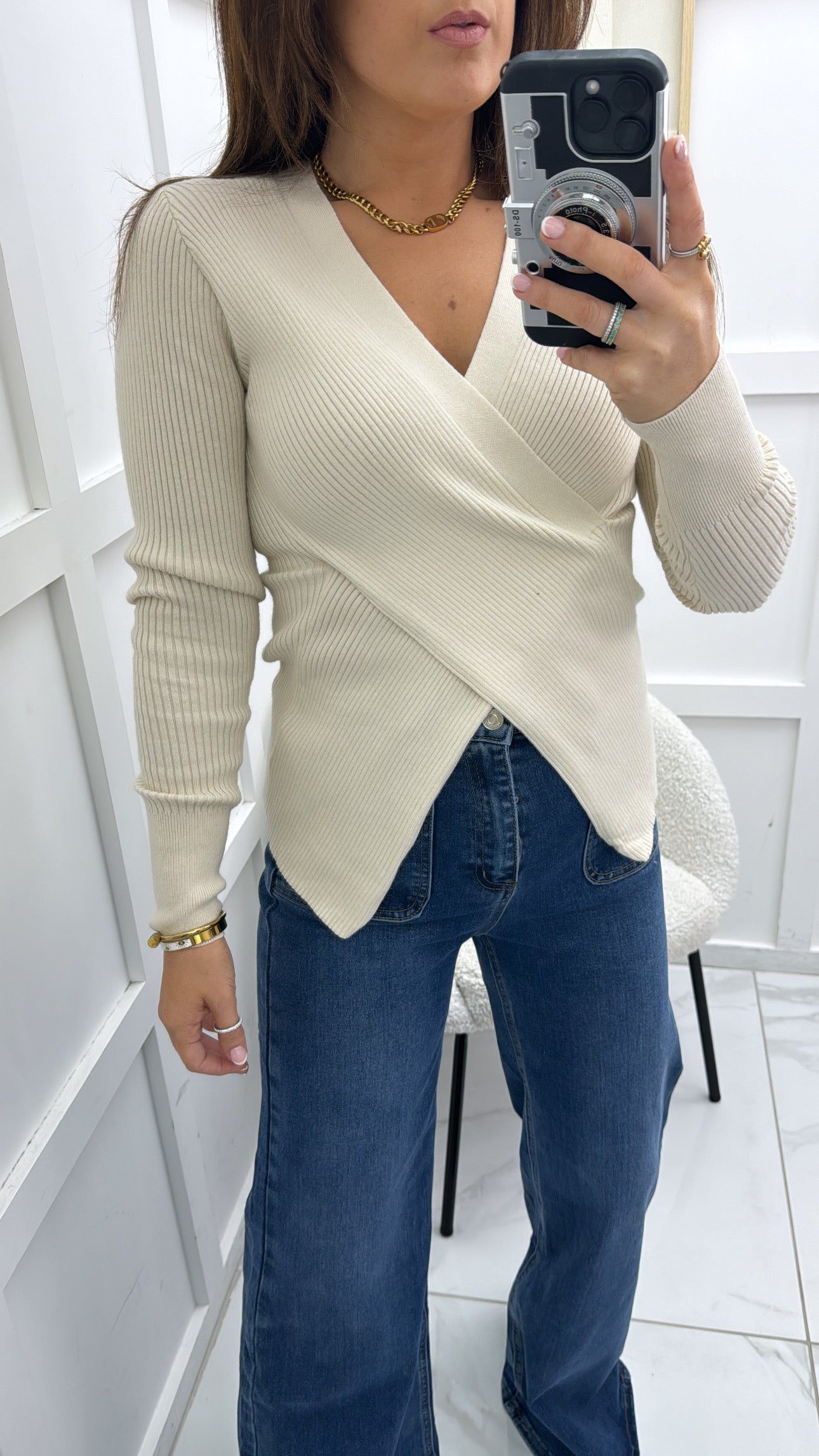 ALICE beige ribbed v-neck cross over top