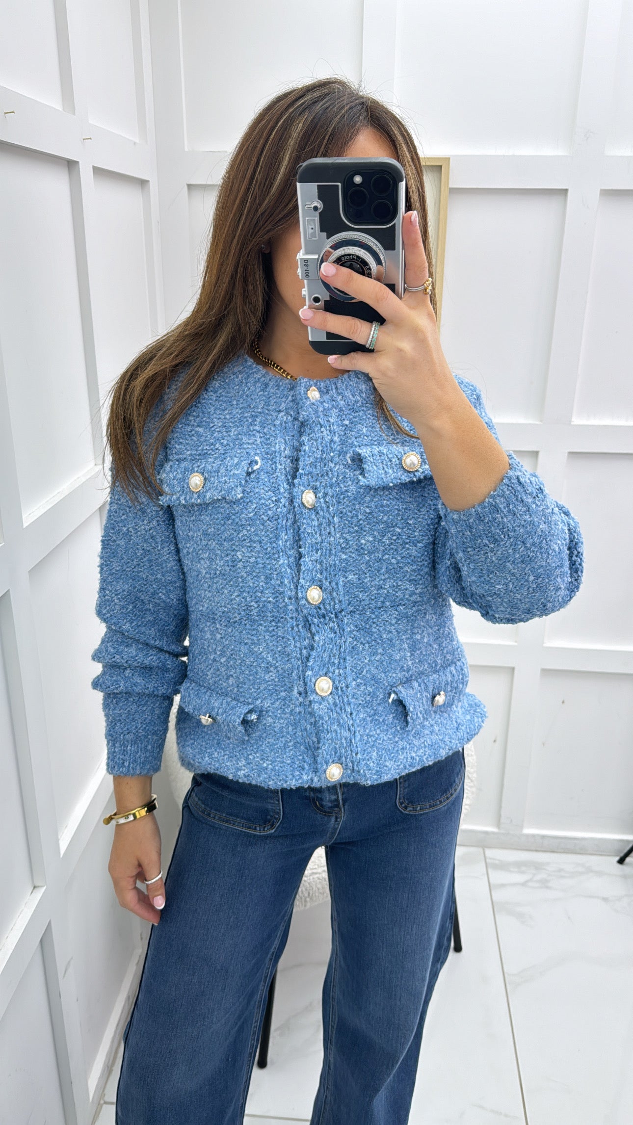 SADIE blue soft boucle cardigan with pearl buttons