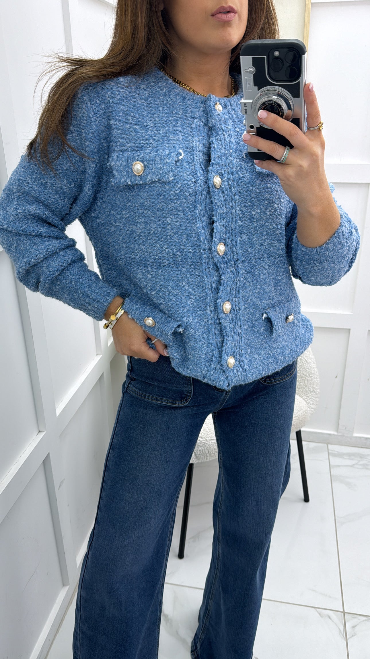 SADIE blue soft boucle cardigan with pearl buttons