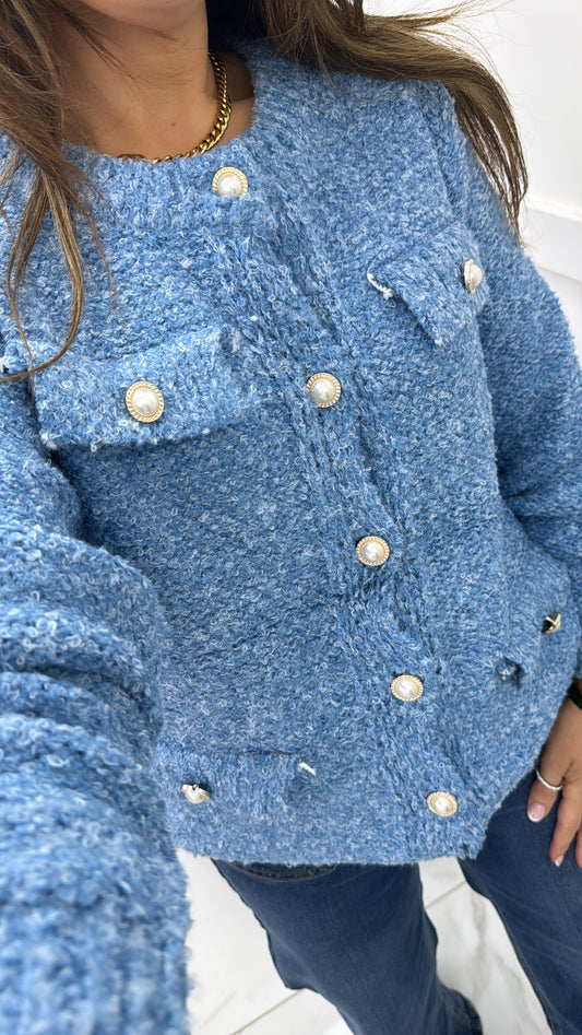 SADIE blue soft boucle cardigan with pearl buttons