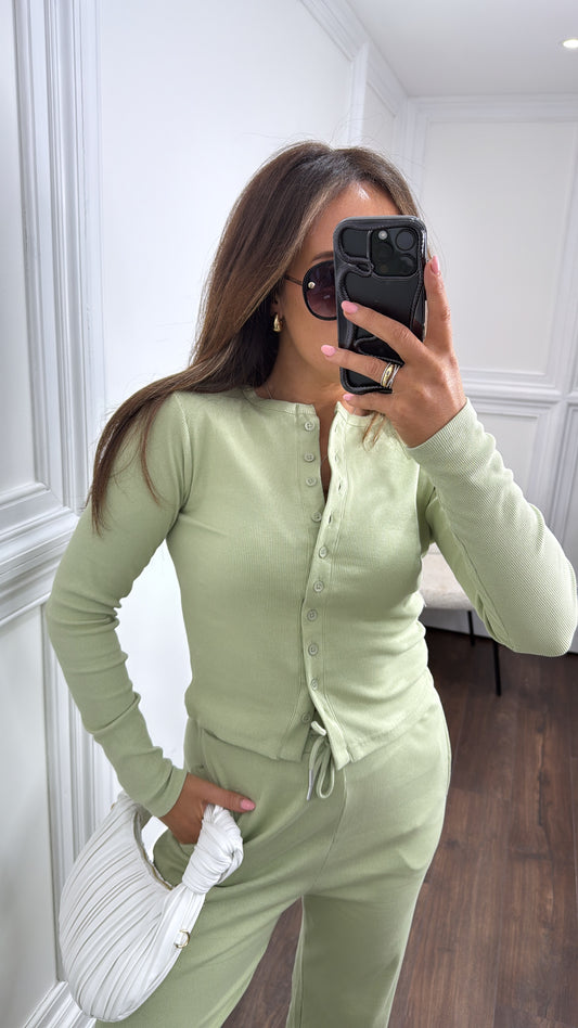 LORNA apple green ribbed cardigan lounge set