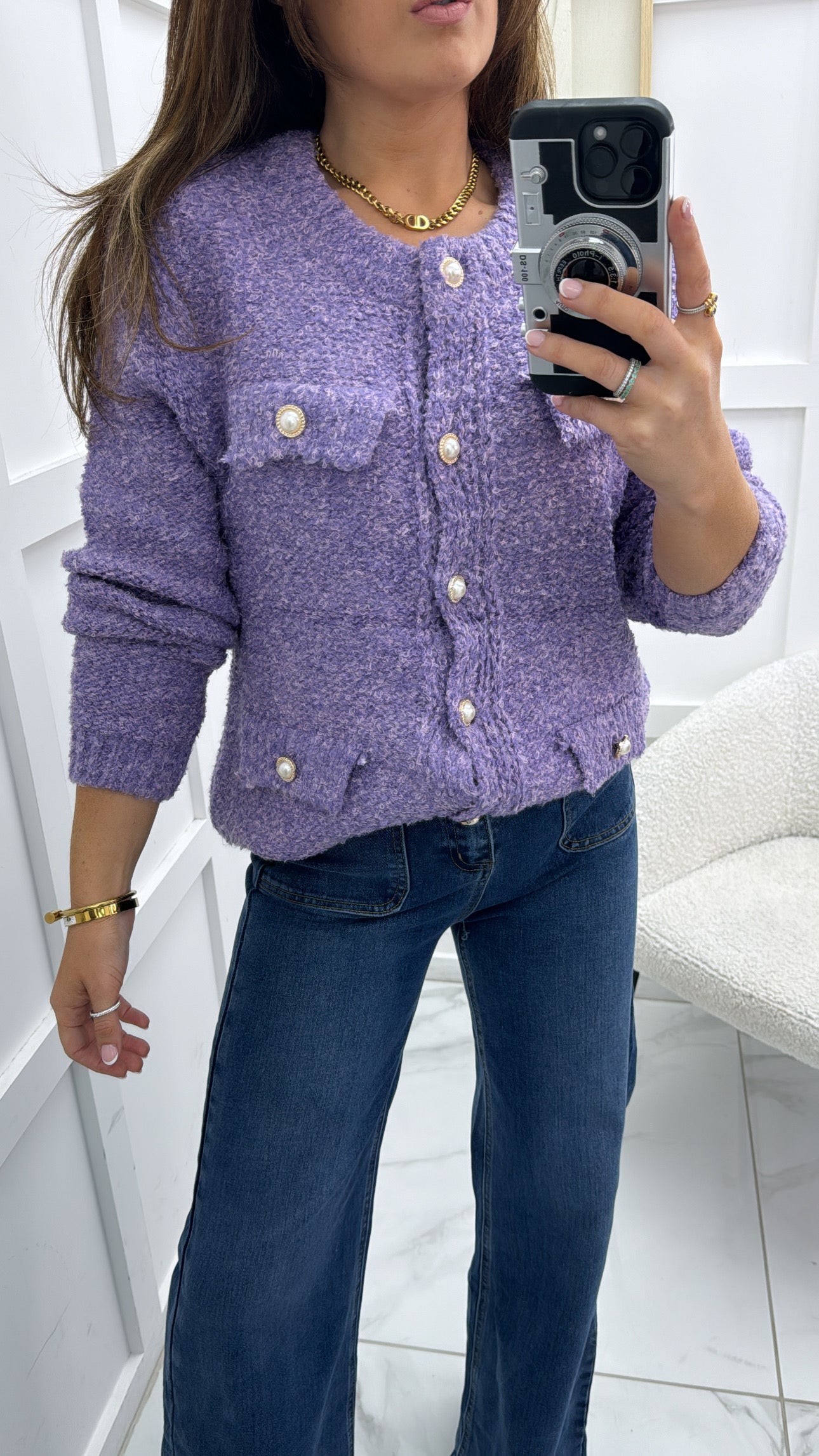 SADIE lilac soft boucle cardigan with pearl buttons