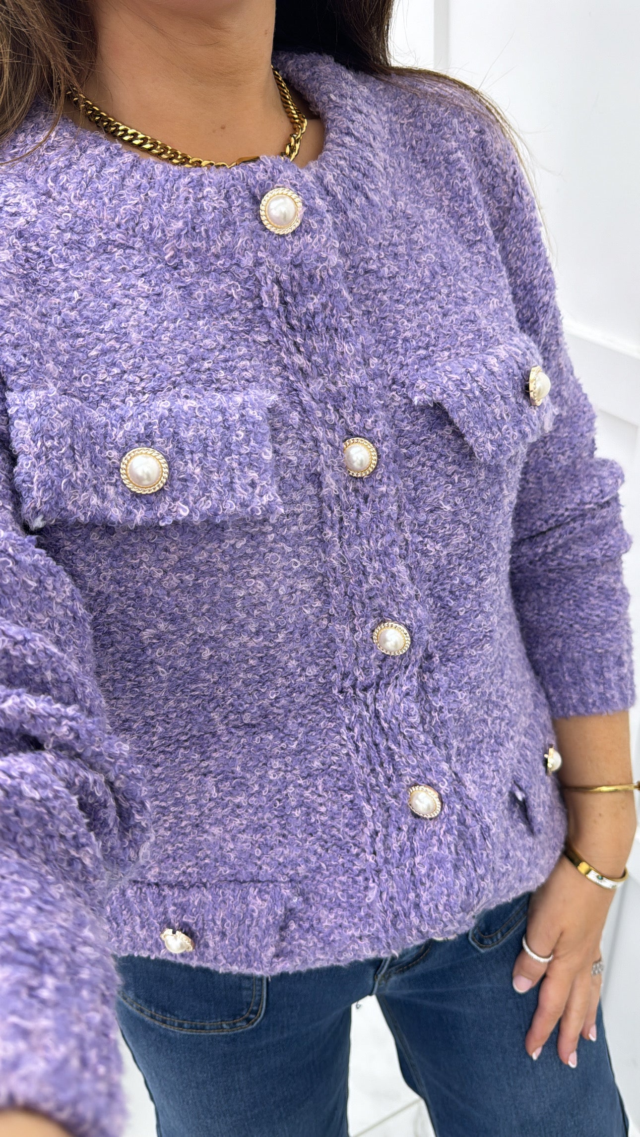 SADIE lilac soft boucle cardigan with pearl buttons