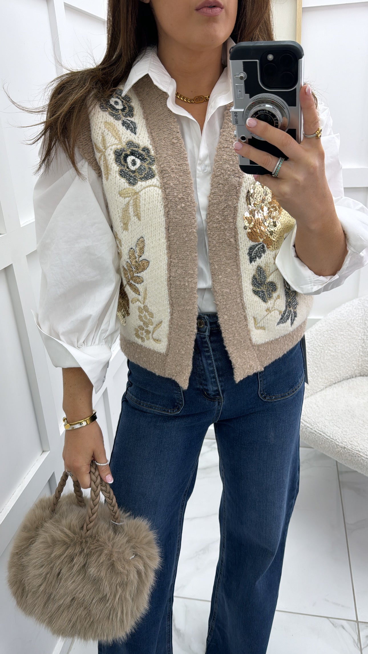 MEL cream knit waistcoat with sequin details