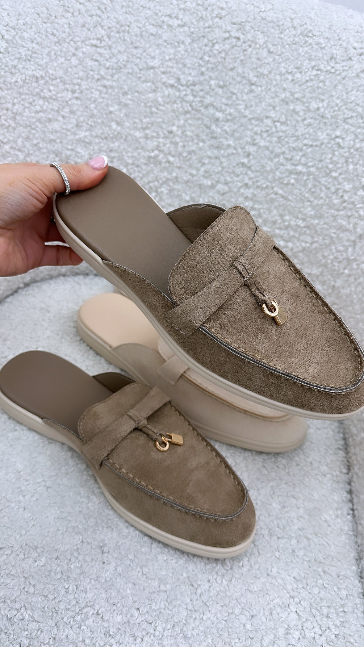 PANTHER taupe faux suede mule loafers