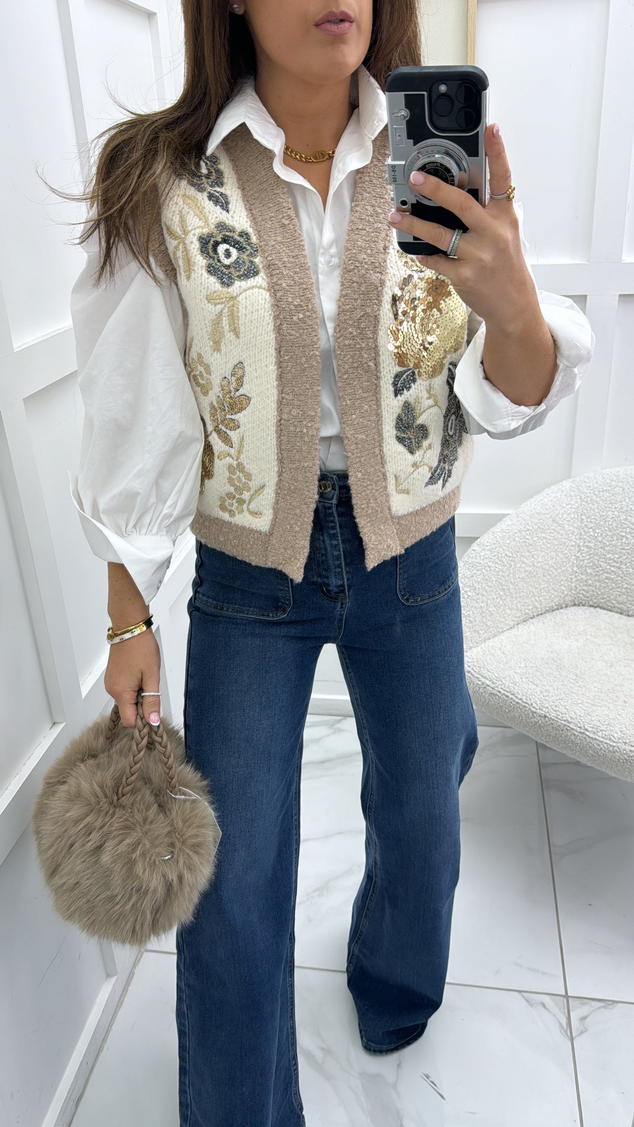 MEL cream knit waistcoat with sequin details