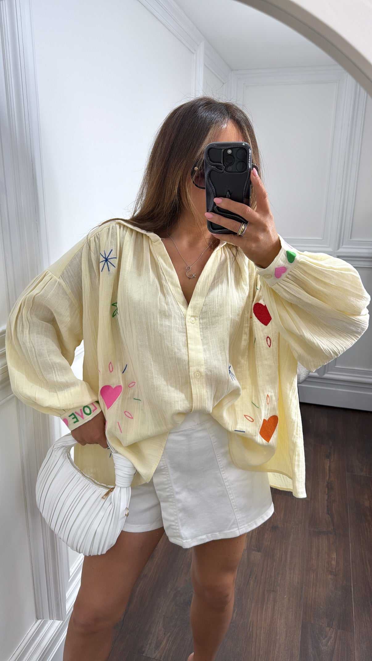PORCIA butter yellow cheesecloth embroidered shirt
