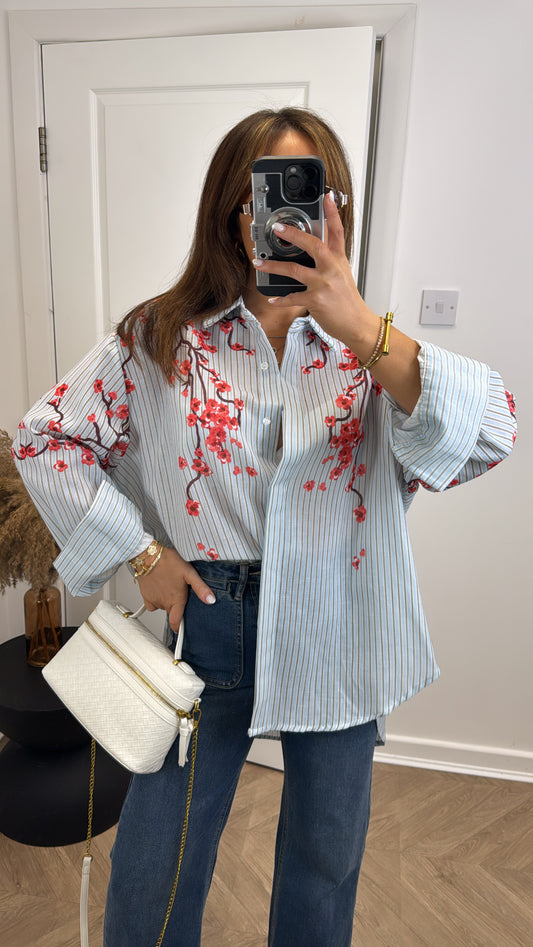 BLOSSOM blue stripe cherry blossom oversize shirt