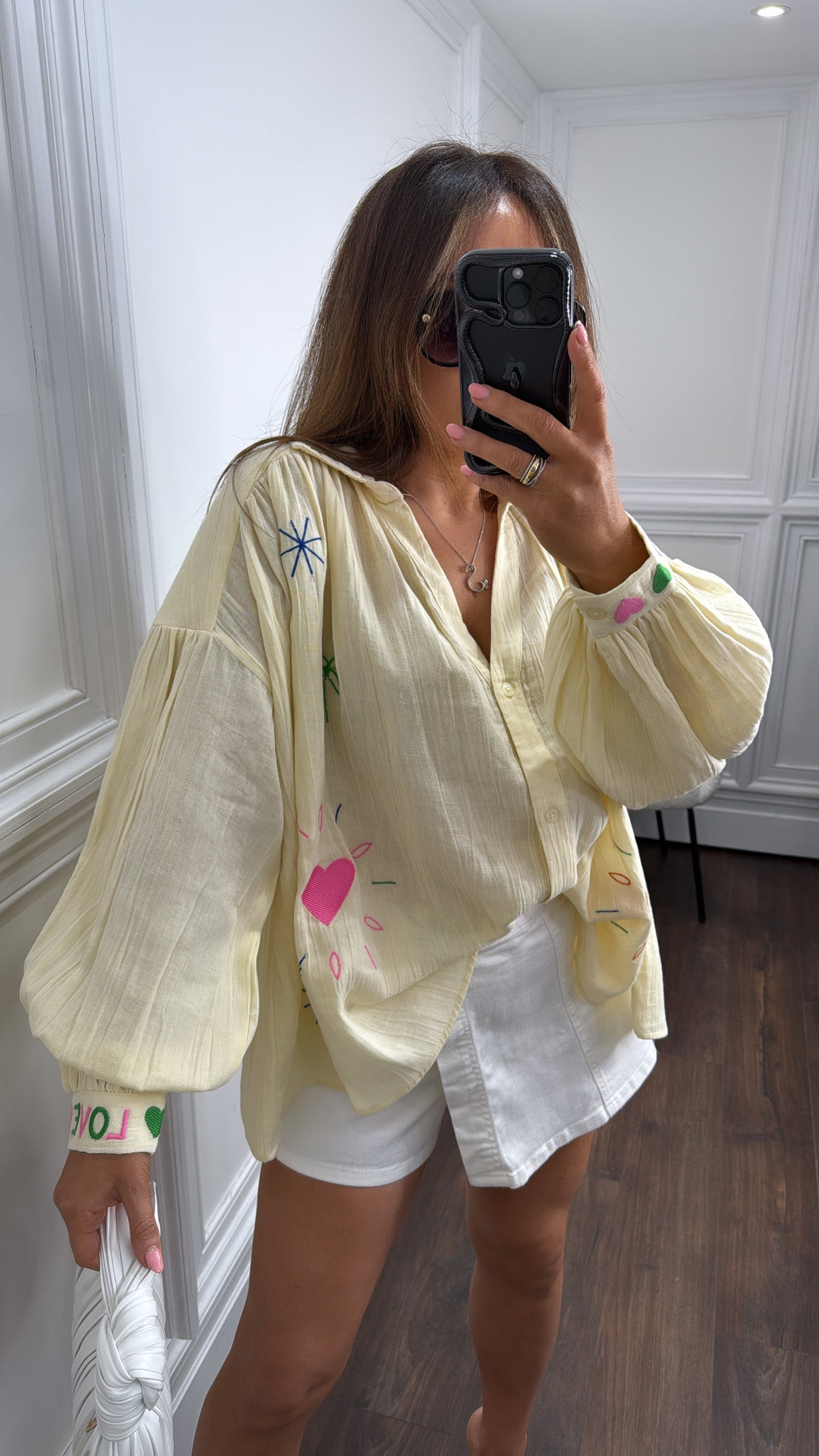 PORCIA butter yellow cheesecloth embroidered shirt