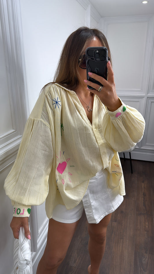 PORCIA butter yellow cheesecloth embroidered shirt