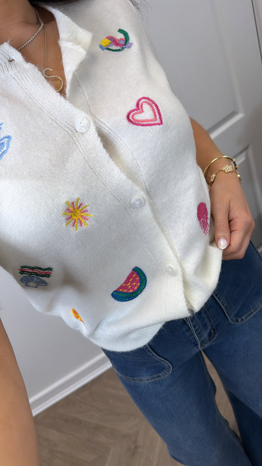 SUMMER cream soft knit embroidery motif cardigan