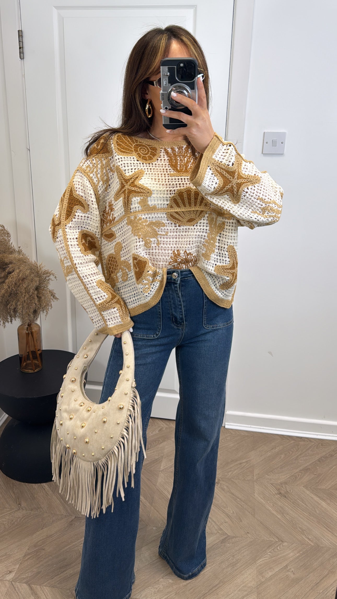 LARA camel beach embroidered crochet top