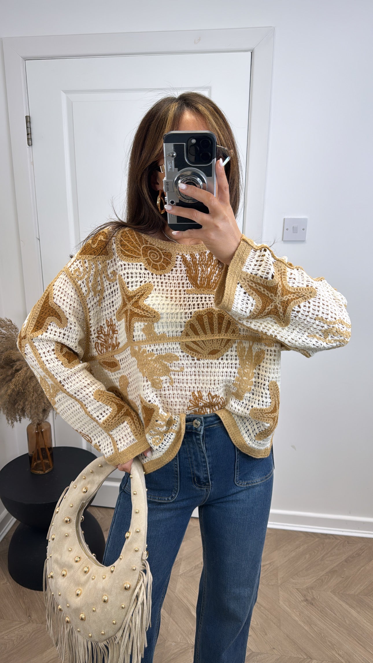 LARA camel beach embroidered crochet top