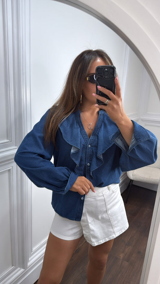 ABBEY dark blue frill denim shirt