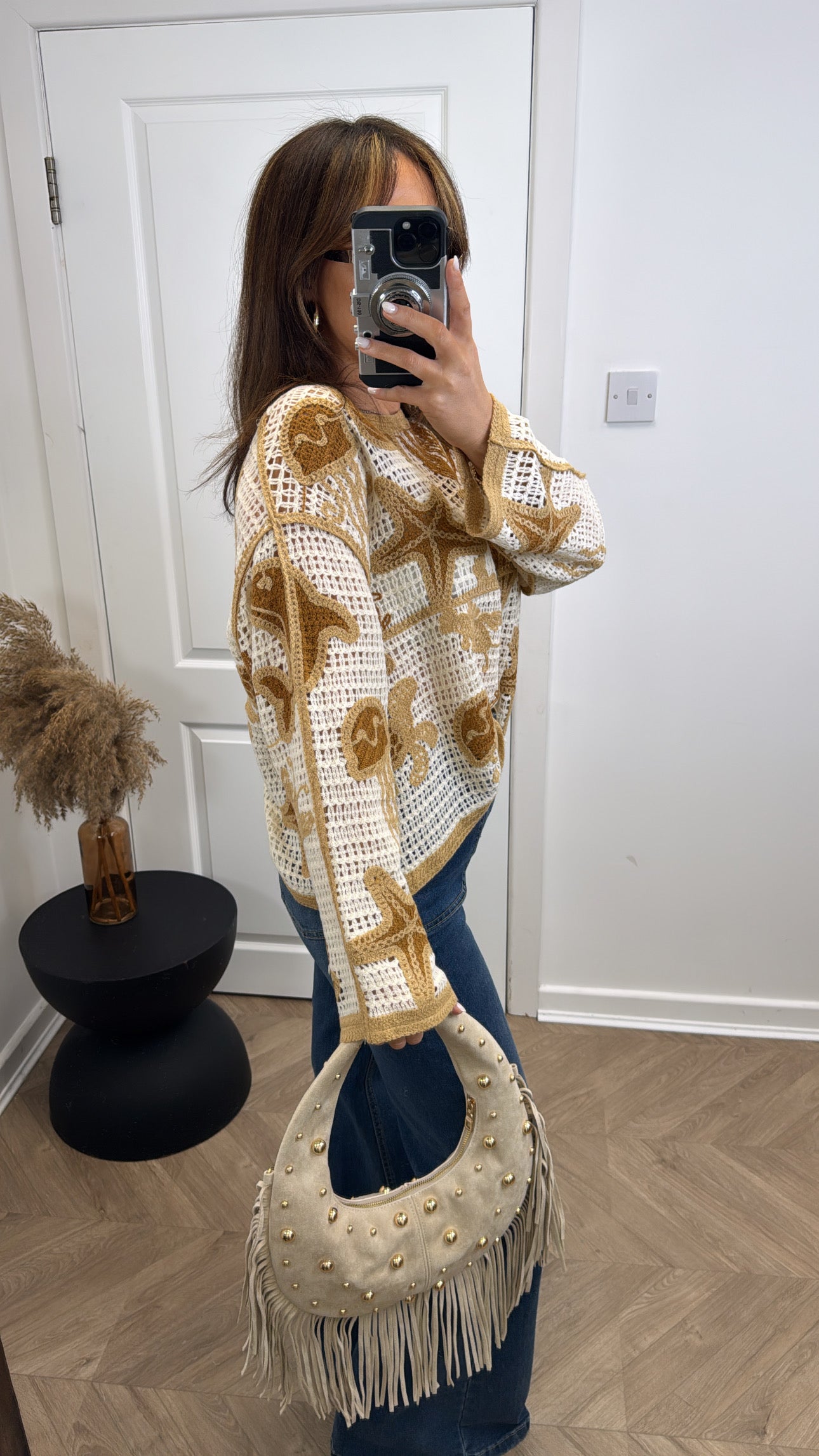 LARA camel beach embroidered crochet top