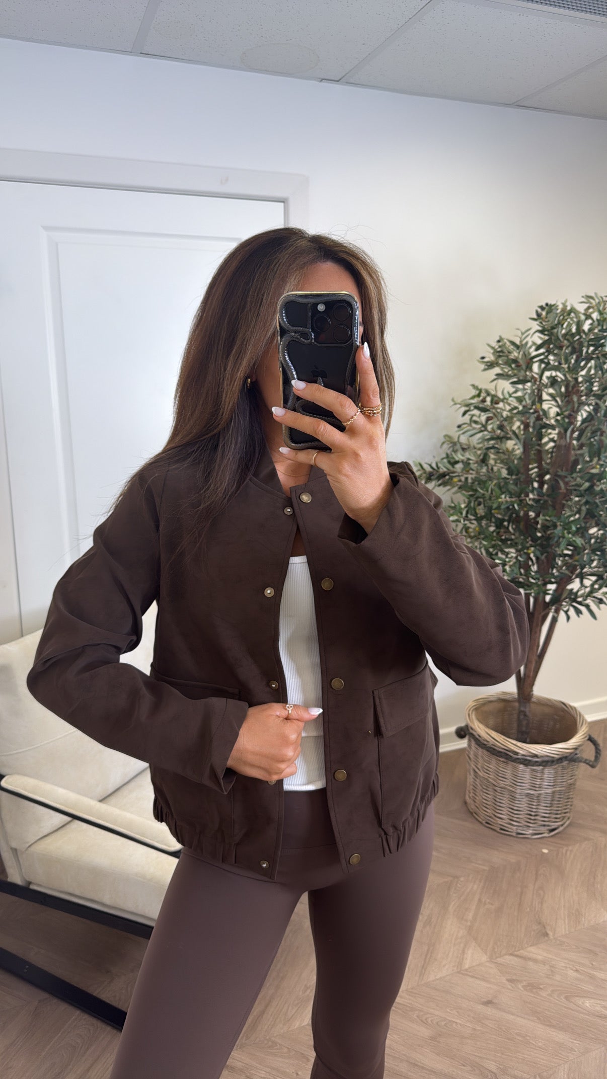 GABRIELLE dark chocolate faux suede bomber jacket